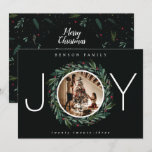 Festive JOY Christmas Wreath Leaves Berries Photo Holiday Card