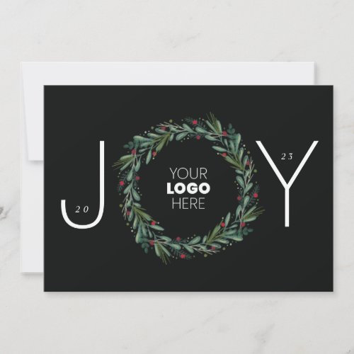 Festive JOY Corporate Wreath Leaves Berries QR Holiday Card