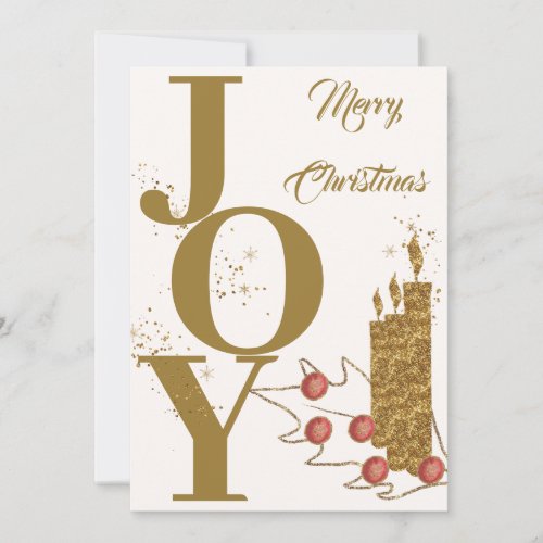 Festive Joy Gold Candle Red Berries Merry Christma Holiday Card