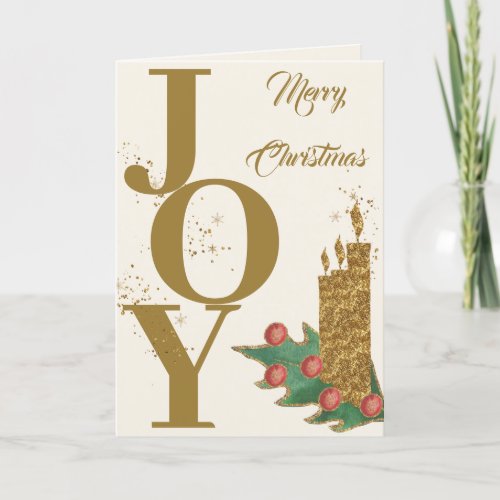 Festive Joy Gold Green Red Berries Merry Christmas Holiday Card
