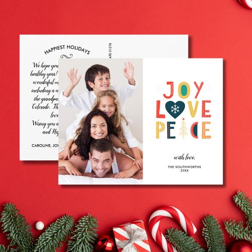 Festive Joy Love Peace Family Photo Christmas Postcard