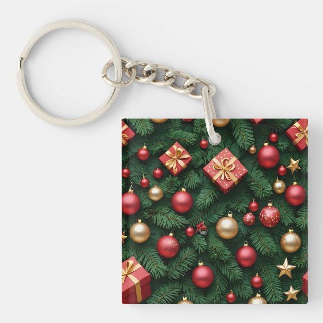 "Festive Joy — Red & Gold Christmas Magic" Keychain (Front)