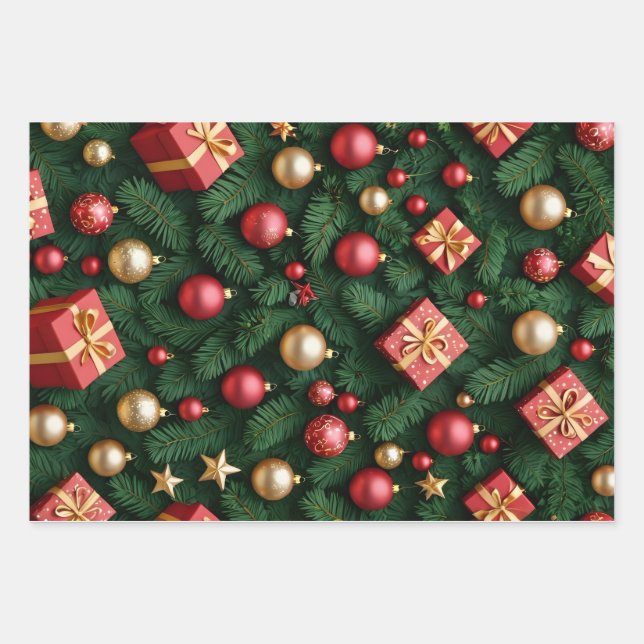 "Festive Joy — Red & Gold Christmas Magic" Wrapping Paper Sheets (Front)