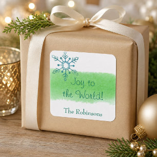 Festive Joy to the World Watercolor Snowflake Square Sticker