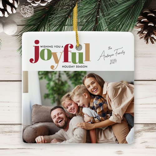 Festive Joyful 2 Photo Christmas Ceramic Ornament