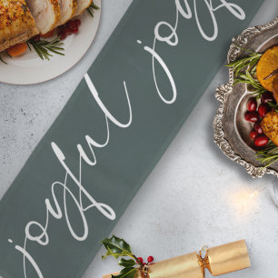 Festive Joyful White Calligraphy Dark Green  Long Table Runner