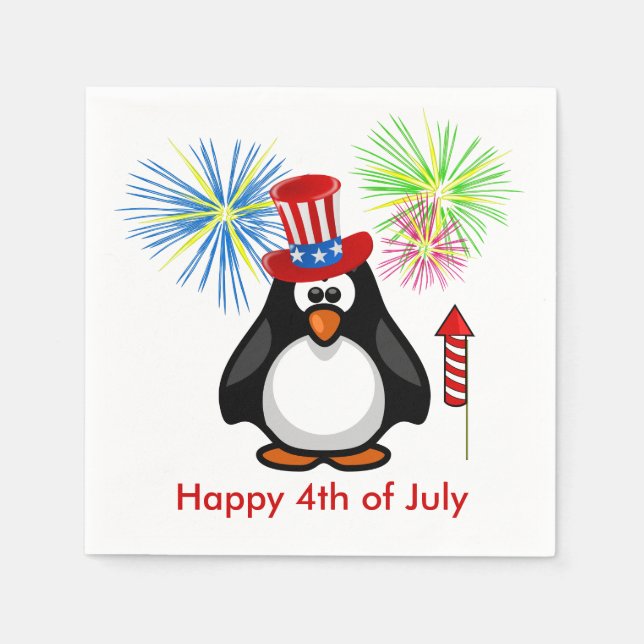 Festive July 4th Patriotic Fireworks Penguin Stars Napkins (Front)