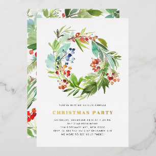 Festive Juniper and Holly Wreath Christmas Party Foil Invitation