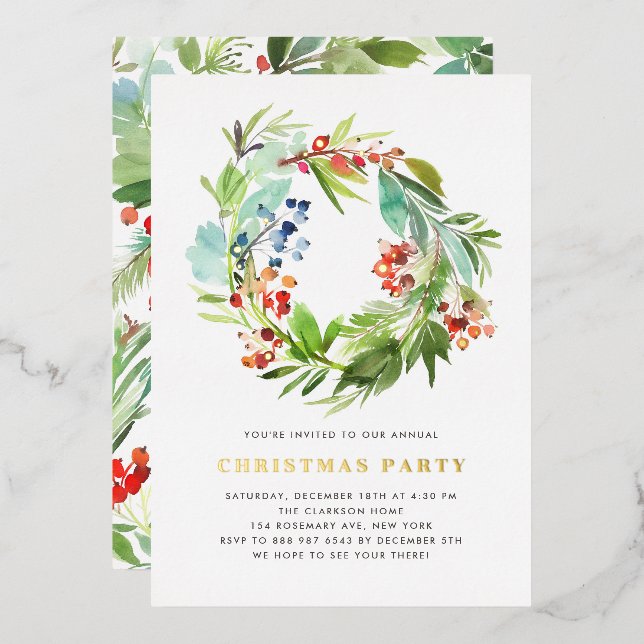 Festive Juniper and Holly Wreath Christmas Party Foil Invitation (Front/Back)