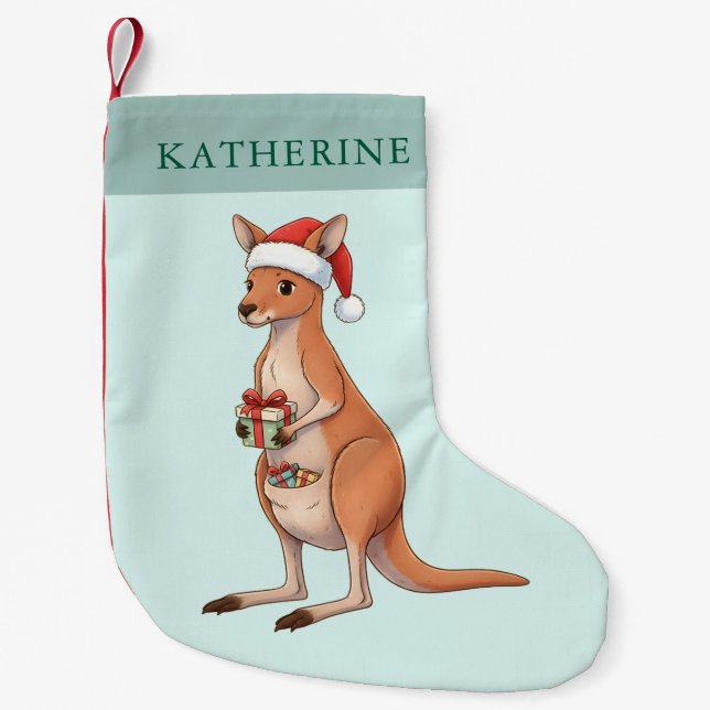 Festive Kangaroo With Santa Hat Christmas Holidays Small Christmas Stocking (Front)