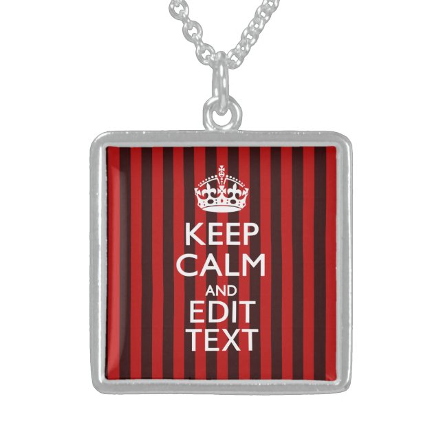 Festive Keep Calm Your Text on Red Stripes Sterling Silver Necklace (Front)