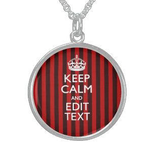 Festive Keep Calm Your Text on Red Stripes Sterling Silver Necklace