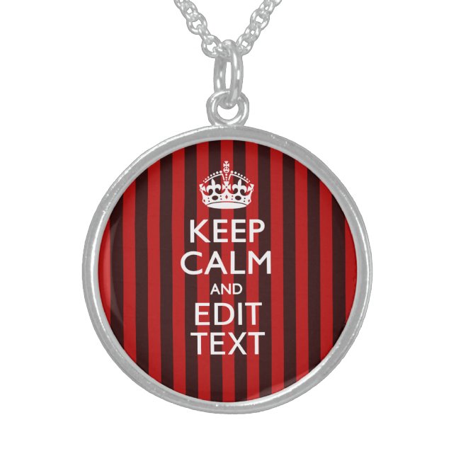 Festive Keep Calm Your Text on Red Stripes Sterling Silver Necklace (Front)