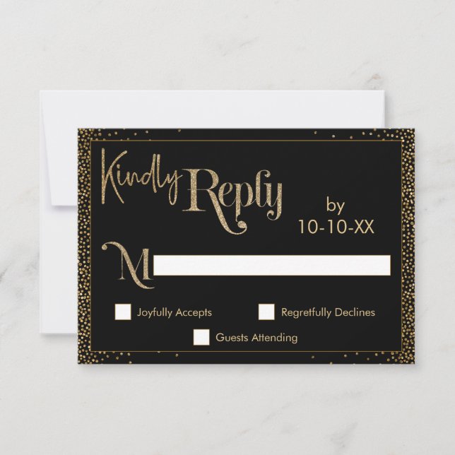Festive Kindly Reply Faux Gold Confetti on Black RSVP Card (Front)