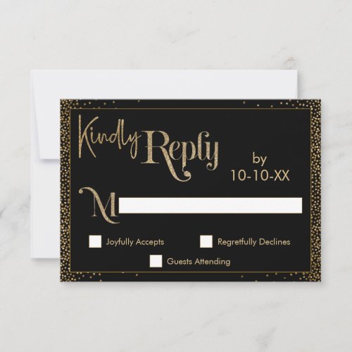 Festive Kindly Reply Faux Gold Confetti on Black RSVP Card