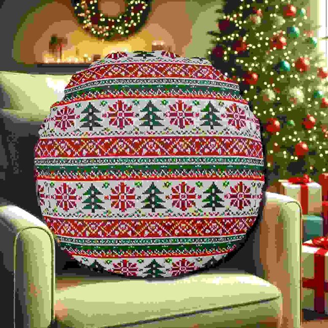 Festive Knitted-Pattern  with Stars  Round Pillow (Creator Uploaded)