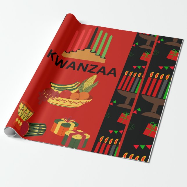 Festive Kwanzaa Design with Kinara, Fruits, and Gi Wrapping Paper (Unrolled)