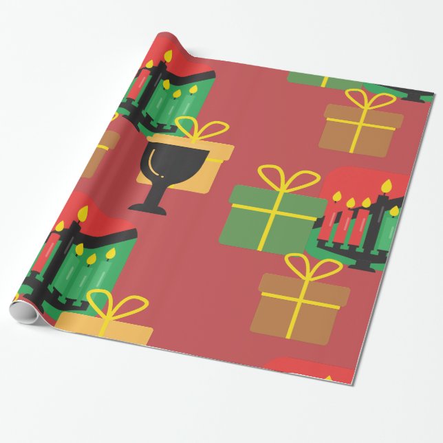 Festive Kwanzaa Gifts Pattern Wrapping Paper (Unrolled)