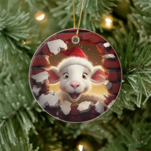 Festive Lamb in Santa Hat _ 3D Ceramic Ornament