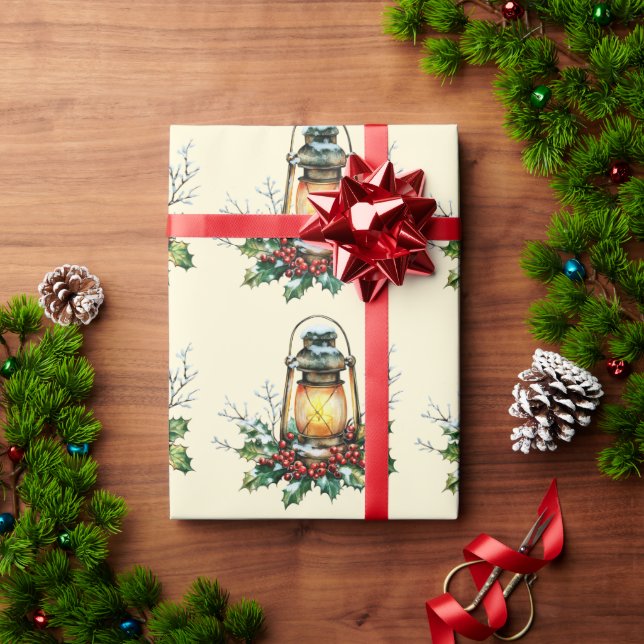 Festive Lantern Nestled in Holly – Seasonal Glow  Wrapping Paper (Holiday Gift)