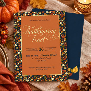 Festive Leaf Pattern Thanksgiving Navy & Gold Foil Invitation