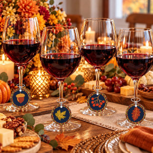Festive Leaf Pattern Thanksgiving Navy & Gold Wine Charm