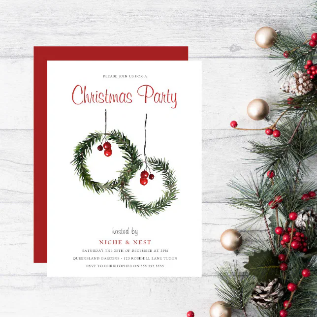 Festive Leaf Wreath Corporate Christmas Party Invitation | Zazzle