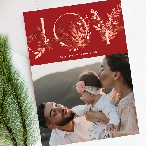 Festive Leafy Floral Christmas Traditional Red JOY Holiday Card