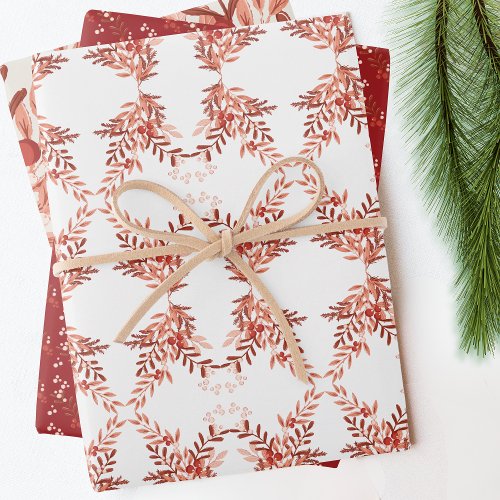 Festive Leafy Floral Christmas Traditional Red Wrapping Paper Sheets