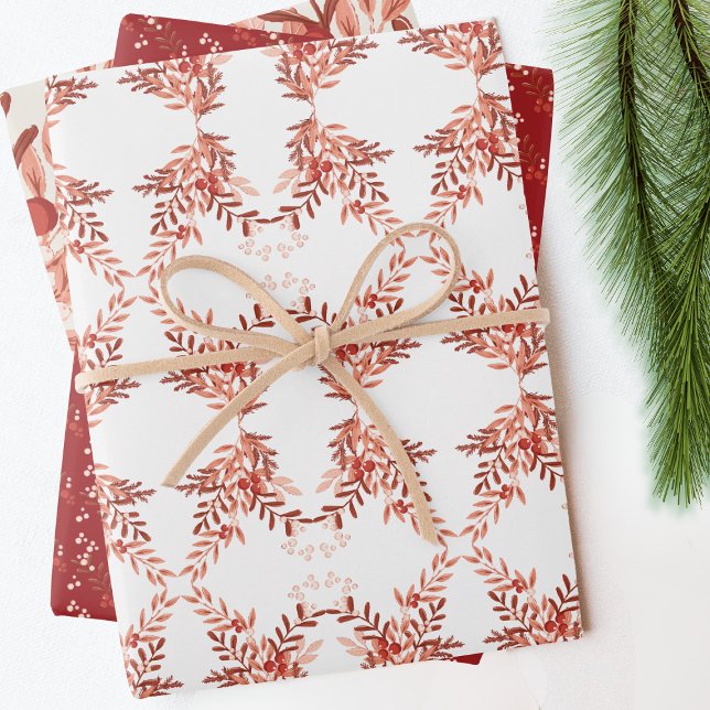 Festive Leafy Floral Christmas Traditional Red Wrapping Paper Sheets (Creator Uploaded)