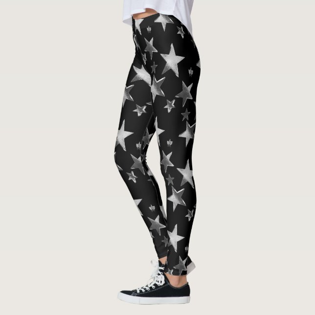 Festive Leggings Black Silver Gray Christmas Stars (Left)