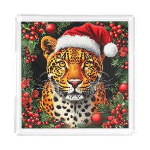 Festive Leopard Wearing Santa Hat Acrylic Tray
