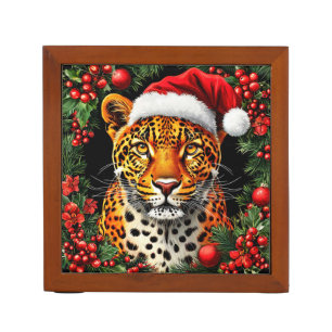 Festive Leopard Wearing Santa Hat Desk Organizer