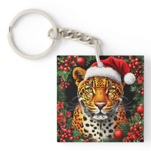 Festive Leopard Wearing Santa Hat Keychain