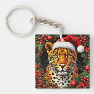Festive Leopard Wearing Santa Hat Keychain