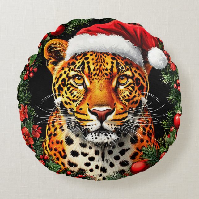 Festive Leopard Wearing Santa Hat Round Pillow (Front)