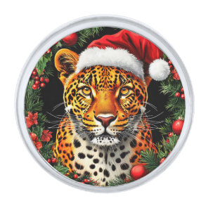 Festive Leopard Wearing Santa Hat Silver Finish Lapel Pin