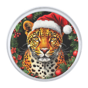 Festive Leopard Wearing Santa Hat Silver Finish Lapel Pin