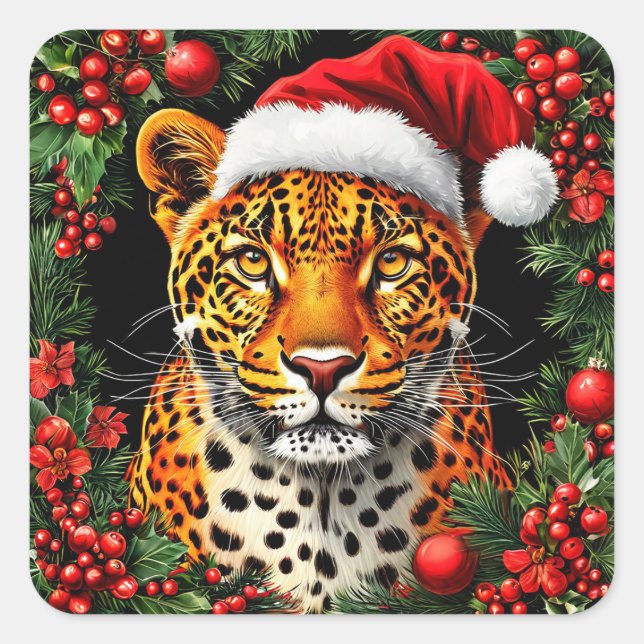 Festive Leopard Wearing Santa Hat Square Sticker (Front)