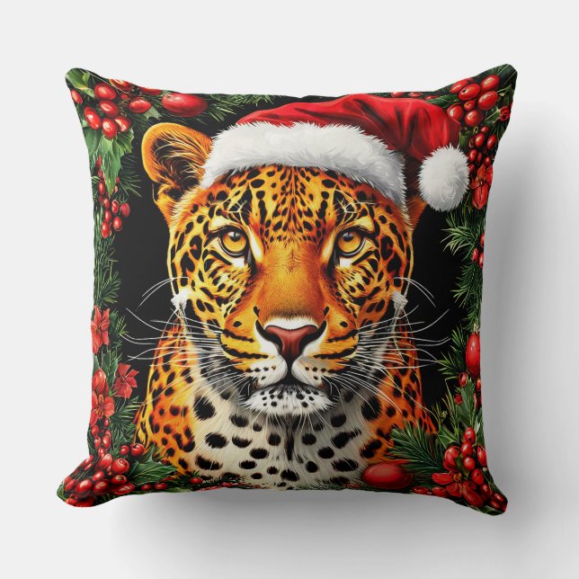 Festive Leopard Wearing Santa Hat Throw Pillow (Front)