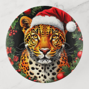 Festive Leopard Wearing Santa Hat Trinket Tray
