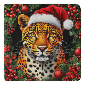 Festive Leopard Wearing Santa Hat Trivet