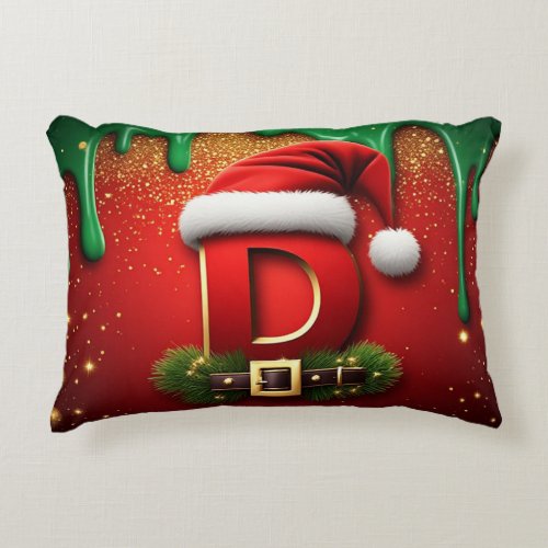 Festive Letter D With Red Hat Belt And Pine Branch Accent Pillow