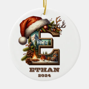 Festive Letter E Winter Scene with Santa Hat Ceramic Ornament