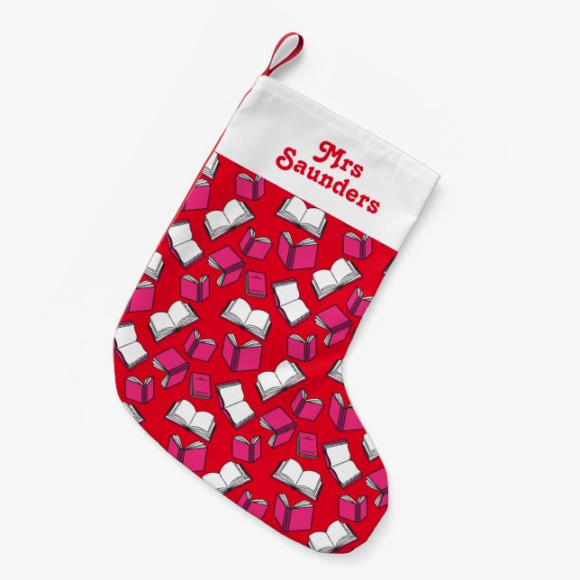 Festive Librarian Book Lover Patterned Small Christmas Stocking (Front (Hanging))