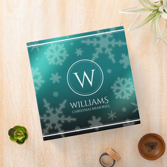 Festive Light Blue Foil Snowflakes Monogram Name 3 Ring Binder (In Situ)