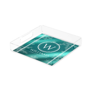 Festive Light Blue Foil Snowflakes Monogram Name Acrylic Tray