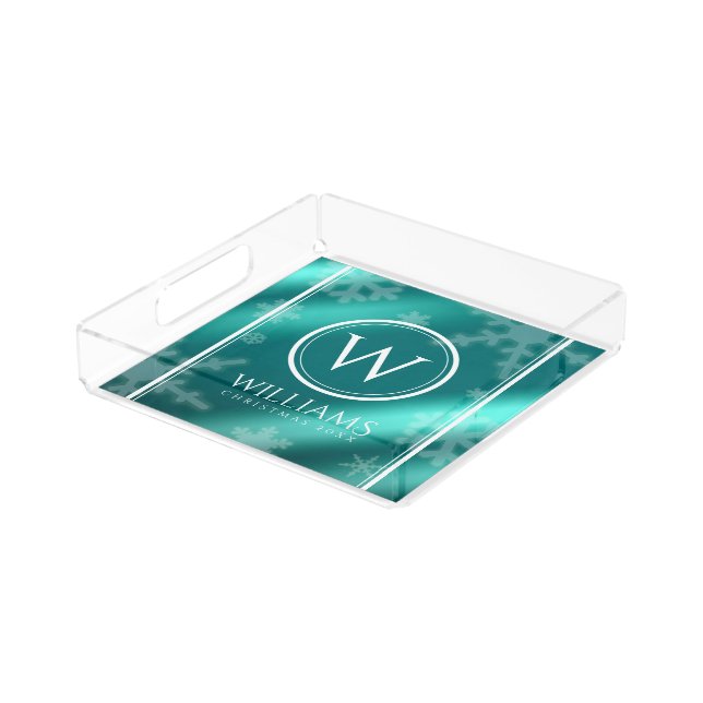 Festive Light Blue Foil Snowflakes Monogram Name Acrylic Tray (Angled)