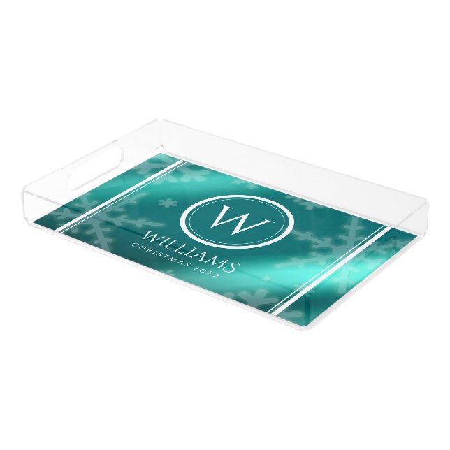 Festive Light Blue Foil Snowflakes Monogram Name Acrylic Tray (Angled)