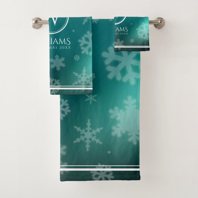 Festive Light Blue Foil Snowflakes Monogram Name Bath Towel Set (Insitu)